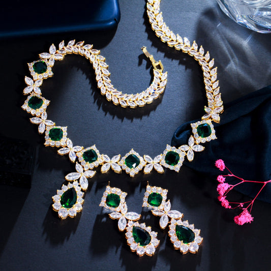 European and American fashion Rilie flower zircon necklace and earrings set emerald gemstone chain wedding dress accessory
