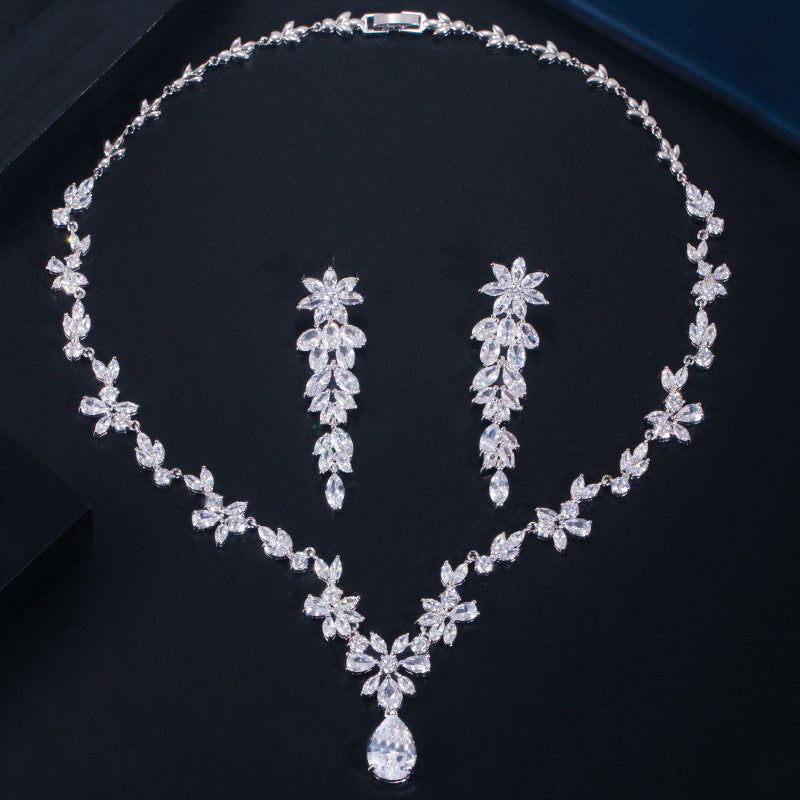 Korean wholesale wedding jewelry - diamond-set zirconian brides' necklaces earrings, bracelet wedding dress accessories two-piece set of jewelry