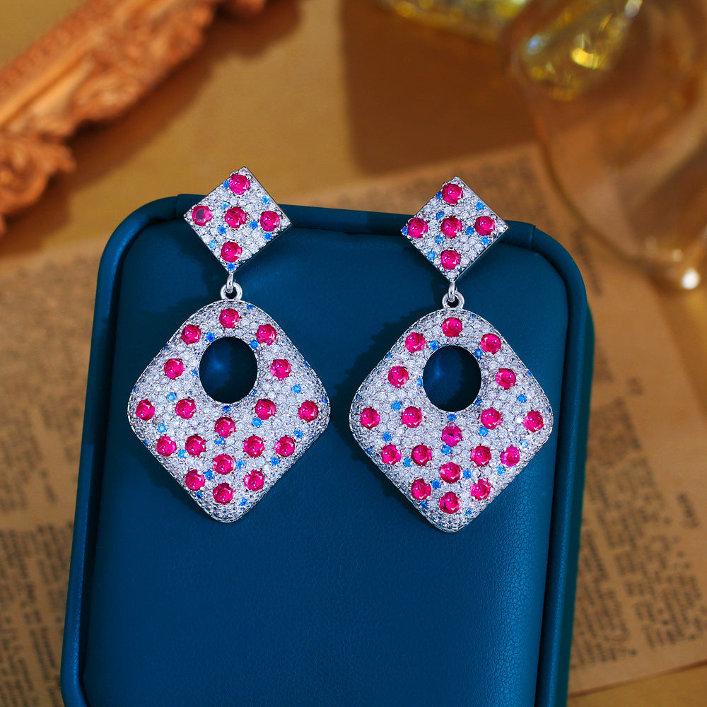 S925 silver jewelry - Korean version - Luxury style women's rhodium-plated jewelry - Simulated pigeon-blood red gemstone - High-end earrings - Ear pendants
