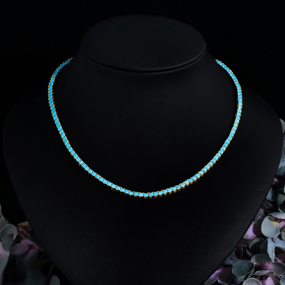 European Retro Blue Turquoise Collar Chain Gold Plated Brass Single Row 3mm Hip-Hop Tennis Chain Necklace