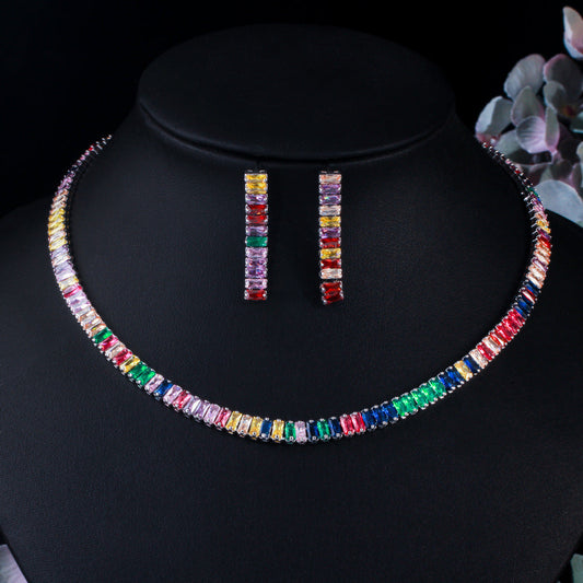 European and American full-cut diamond simple rainbow-colored zircon necklace fashionable evening party necklace earrings set