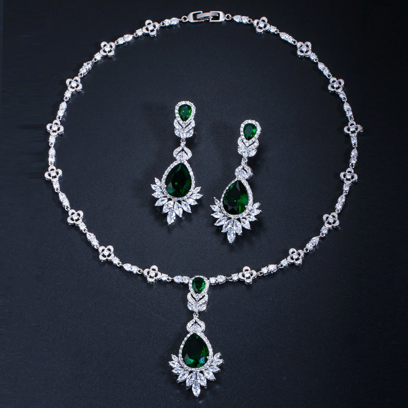 New bride's wedding dress zircon bracelet wedding jewelry necklace earrings two-piece set