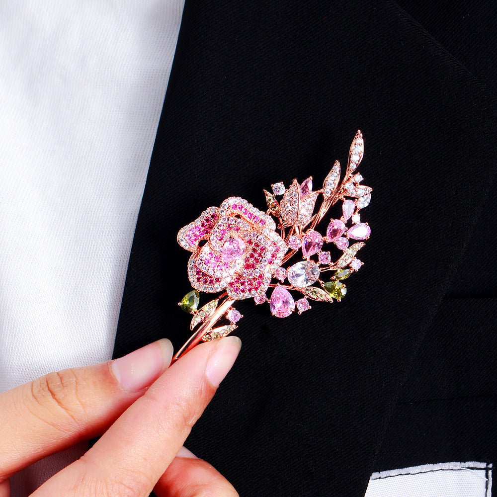 Korean luxury casual pink zirconium rose bouquet brooch brooch with tiny zirconium gemstones zirconium flower pin for evening dress accessories