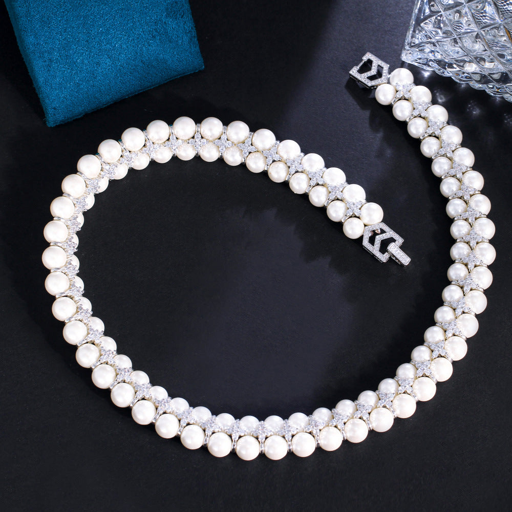 Korean fashionista double-layer freshwater pearl necklace - elegant and unique collar chain with pearl and zircon gemstones - women's necklace