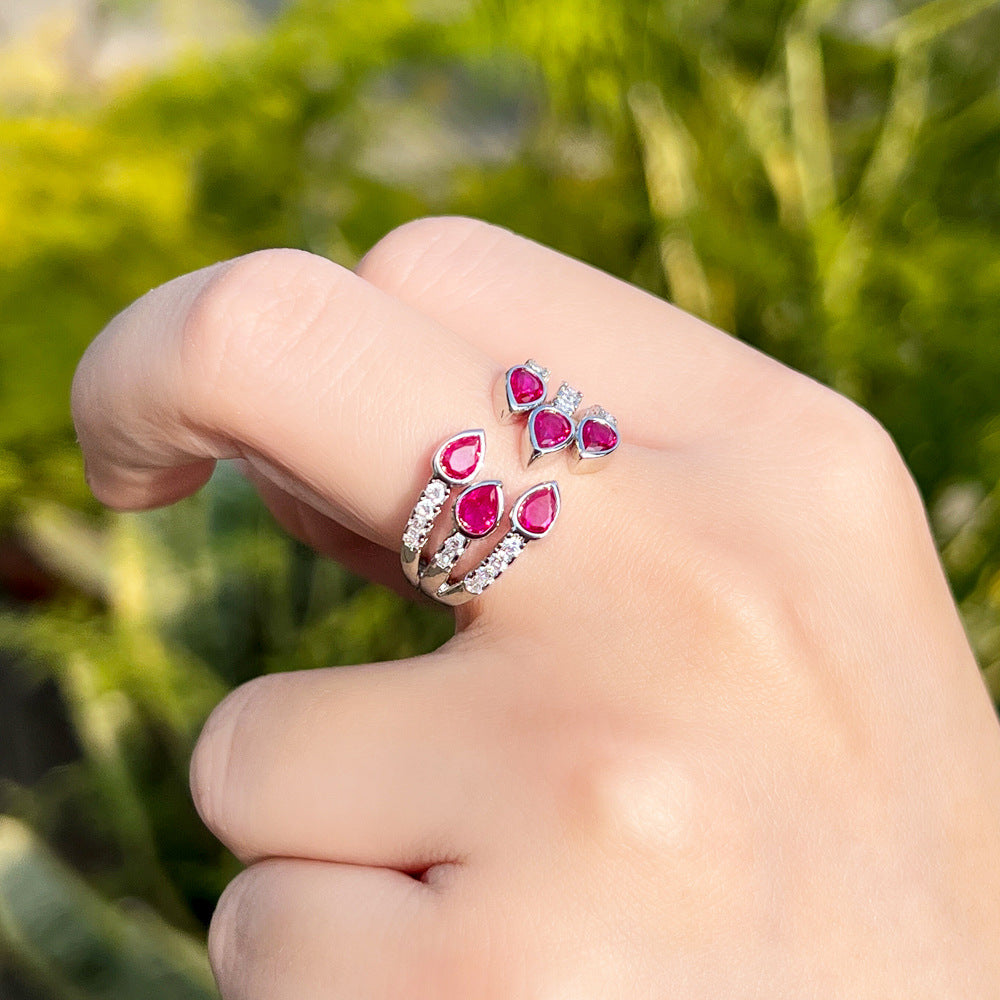 Japanese and Korean sweet waterdrop ruby ring with tiny inlaid zircons a unique design with a high-end touch a three-row handpiece ring