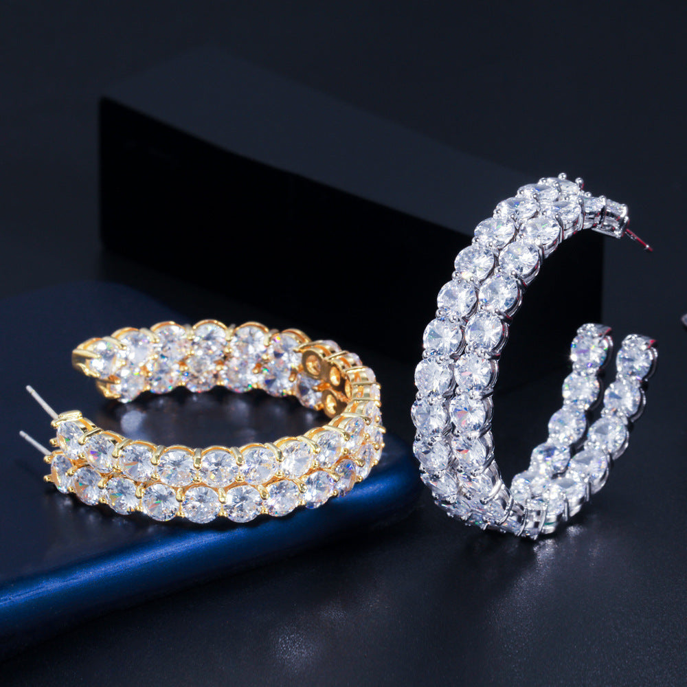 S925 pure silver needle fashion zirconia earrings with large round ear hooks cool style suitable for girls simple and elegant Korean-style earrings