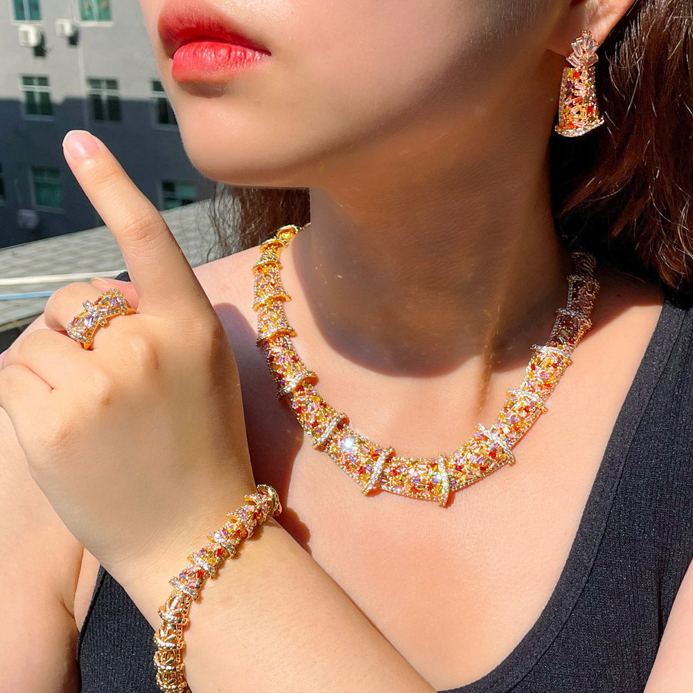 European and American fashion colored zircon jewelry set - including a wedding dress chain wedding dress evening gown necklace earrings ring bracelet and anklet set