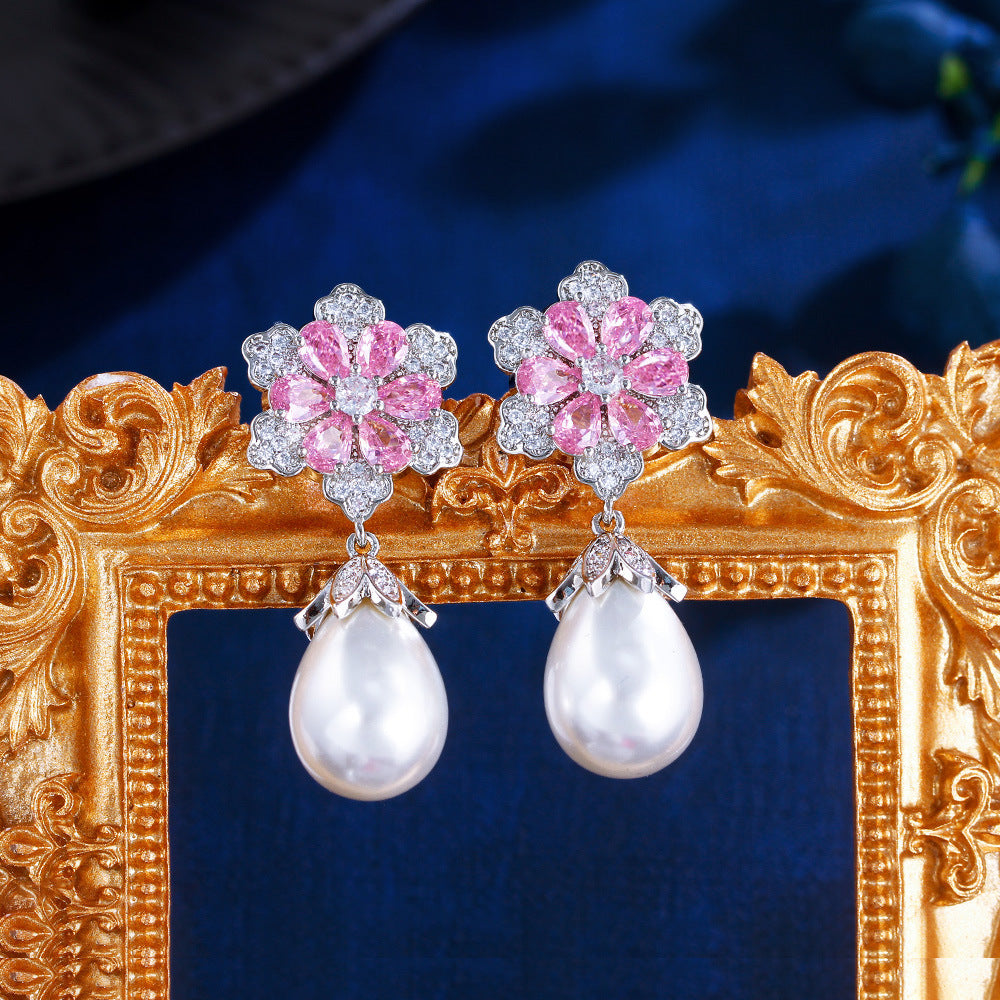Japanese and Korean light luxury micro-set floral cherry blossom pearl earrings princess pink diamond teardrop-shaped pearl drop earrings ear accessories set