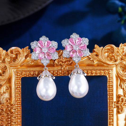 Japanese and Korean light luxury micro-set floral cherry blossom pearl earrings princess pink diamond teardrop-shaped pearl drop earrings ear accessories set