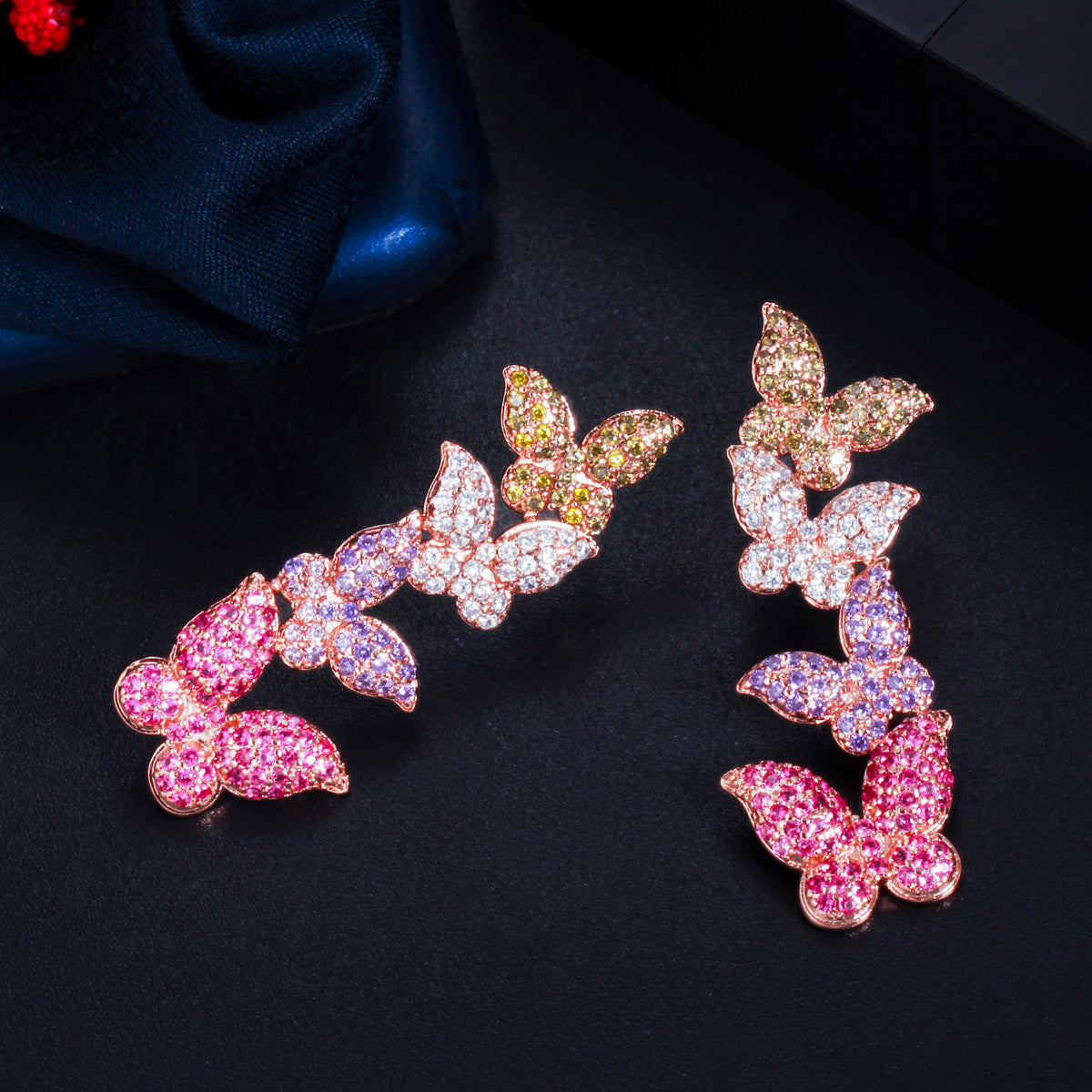 S925 silver needle rose gold butterfly zirconia earrings - Korean version versatile and fashionable ear accessories