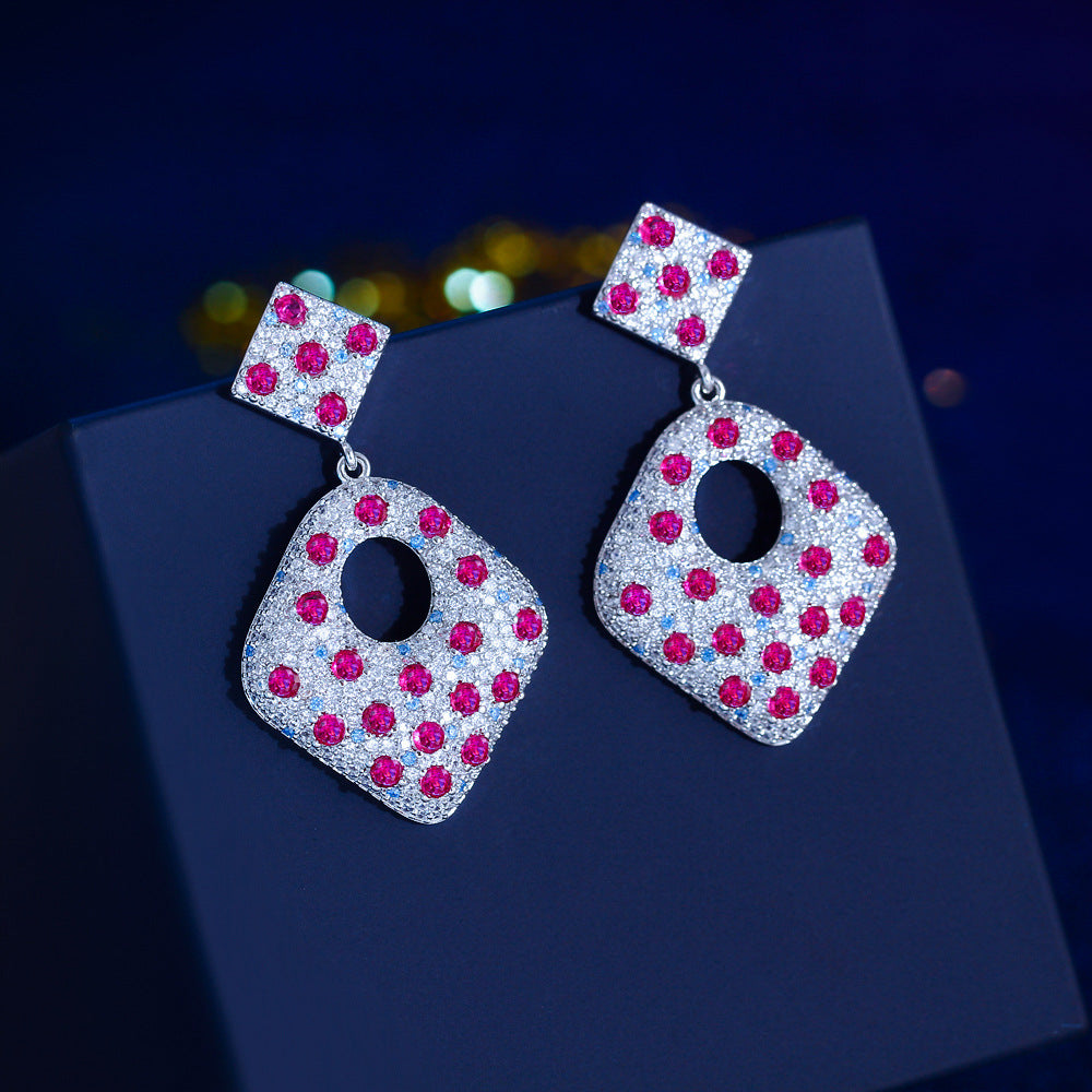 S925 silver jewelry - Korean version - Luxury style women's rhodium-plated jewelry - Simulated pigeon-blood red gemstone - High-end earrings - Ear pendants