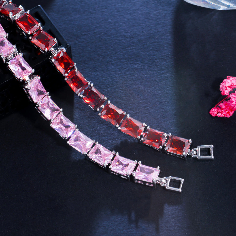 European and American rectangular-shaped zirconia bracelets with multiple colors available. Simple and fashionable gemstone jewelry for women as a gift