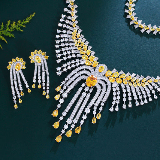 Heavy Industry Ultra-Shine High-End Luxurious Fringe Zircon Necklace Set for Evening Gown Bridal Accessories Bracelet Earrings