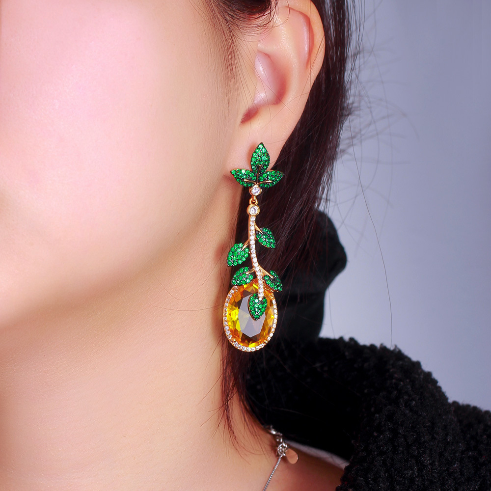 European vintage heavy-duty yellow gemstone green leaf exaggerated long-style earrings unique royal-style earrings