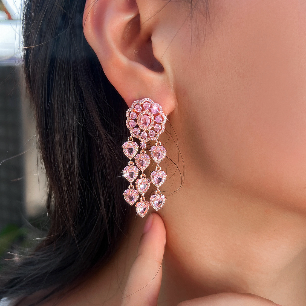 925 silver needle heavy industry hollowed-out heart-shaped pink zirconia earrings - luxurious drop-style earrings elegant and personalized a piece of exquisite jewelry