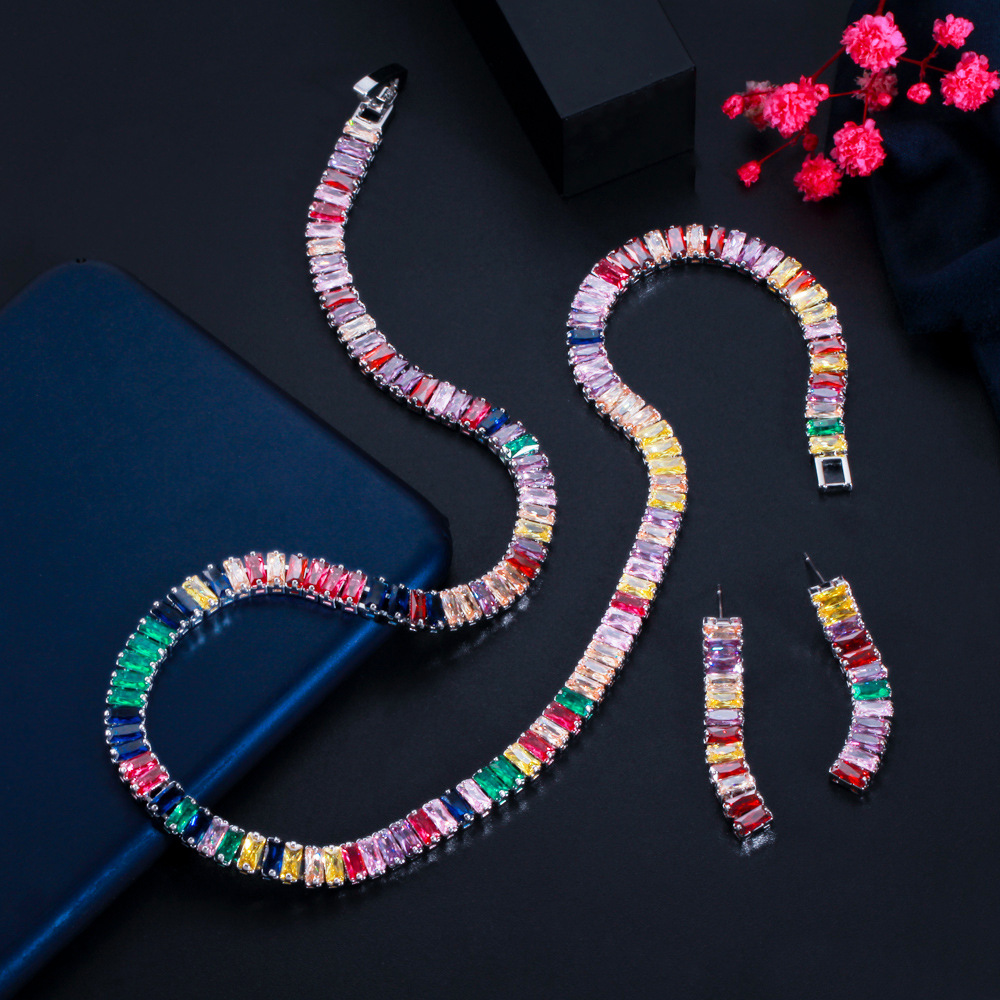 European and American full-cut diamond simple rainbow-colored zircon necklace fashionable evening party necklace earrings set