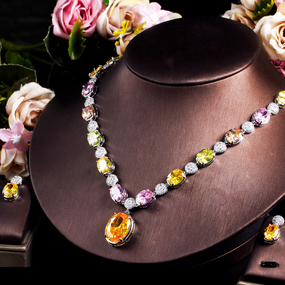 European and American ultra-fantastic retro-style colored zirconia necklace earrings and chain set bridal jewelry set of two pieces
