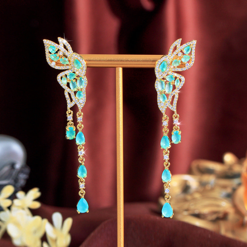 S925 silver fine luxury and elegant butterfly-shaped droplet fringed earrings which enhance the face shape and exude a regal aura Zirconium stone earrings