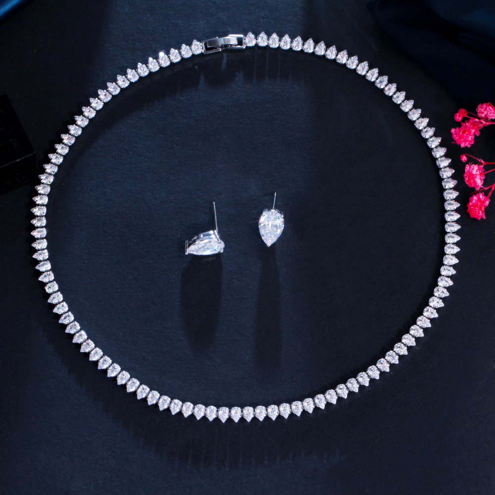European and American brides' jewelry - zircon lock chain set for two pieces - women's wedding dress formal dress personalized necklace earrings jewelry set chain
