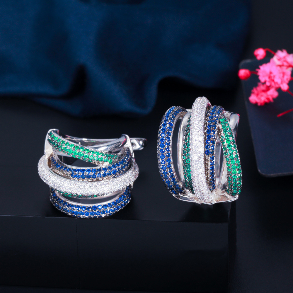 Best-selling earrings - three-color electroplated with tiny-set zirconia - eye-catching earrings with ear clasps