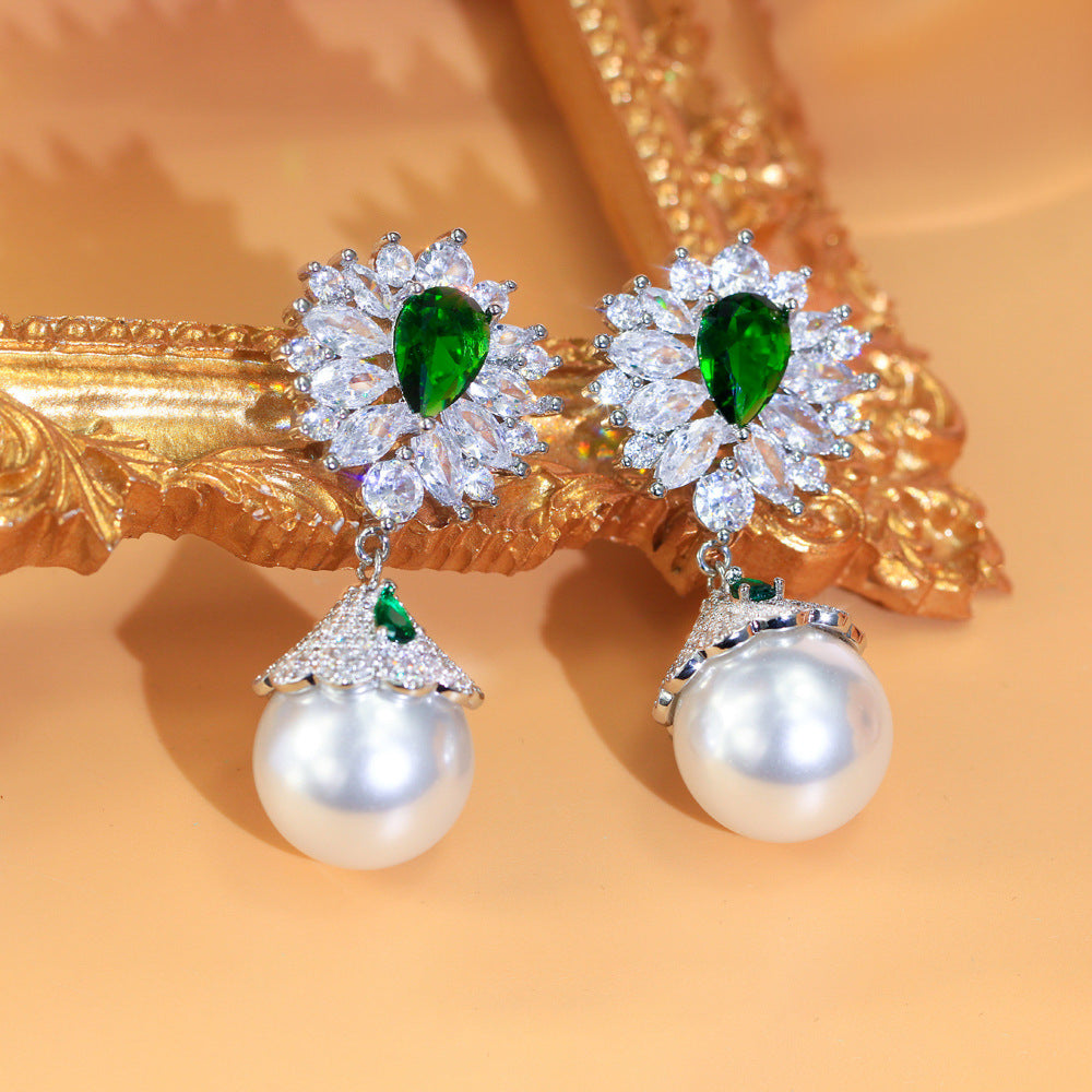S925 silver filigree light luxury style vintage full-diamond flower pearl earrings dazzling emerald zircon ear accessories