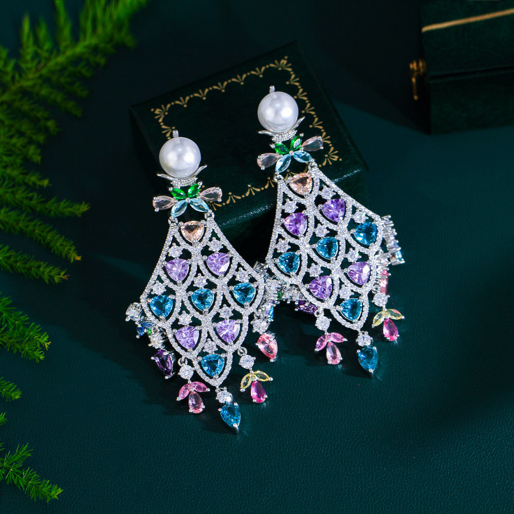 Fashionable luxury color zircon pendant earrings with fan-shaped fringes Long dress style 925 silver needle evening party earrings and accessories
