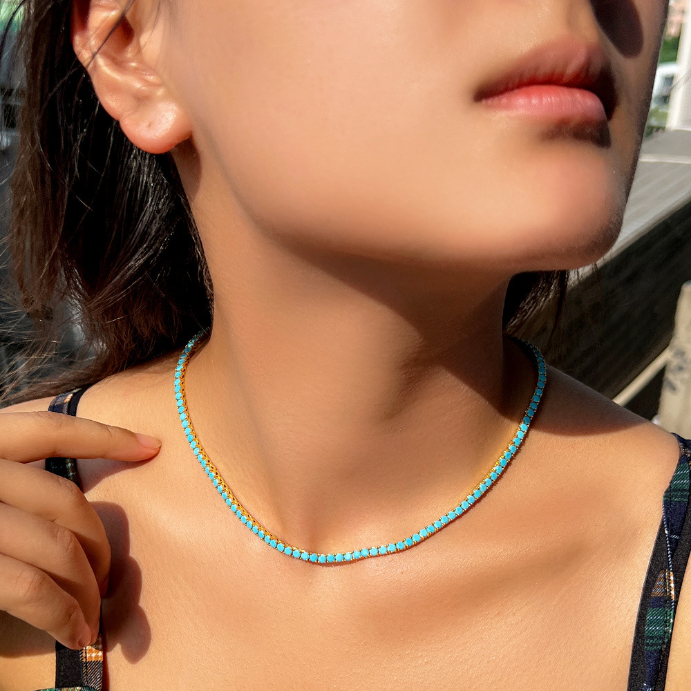 European Retro Blue Turquoise Collar Chain Gold Plated Brass Single Row 3mm Hip-Hop Tennis Chain Necklace