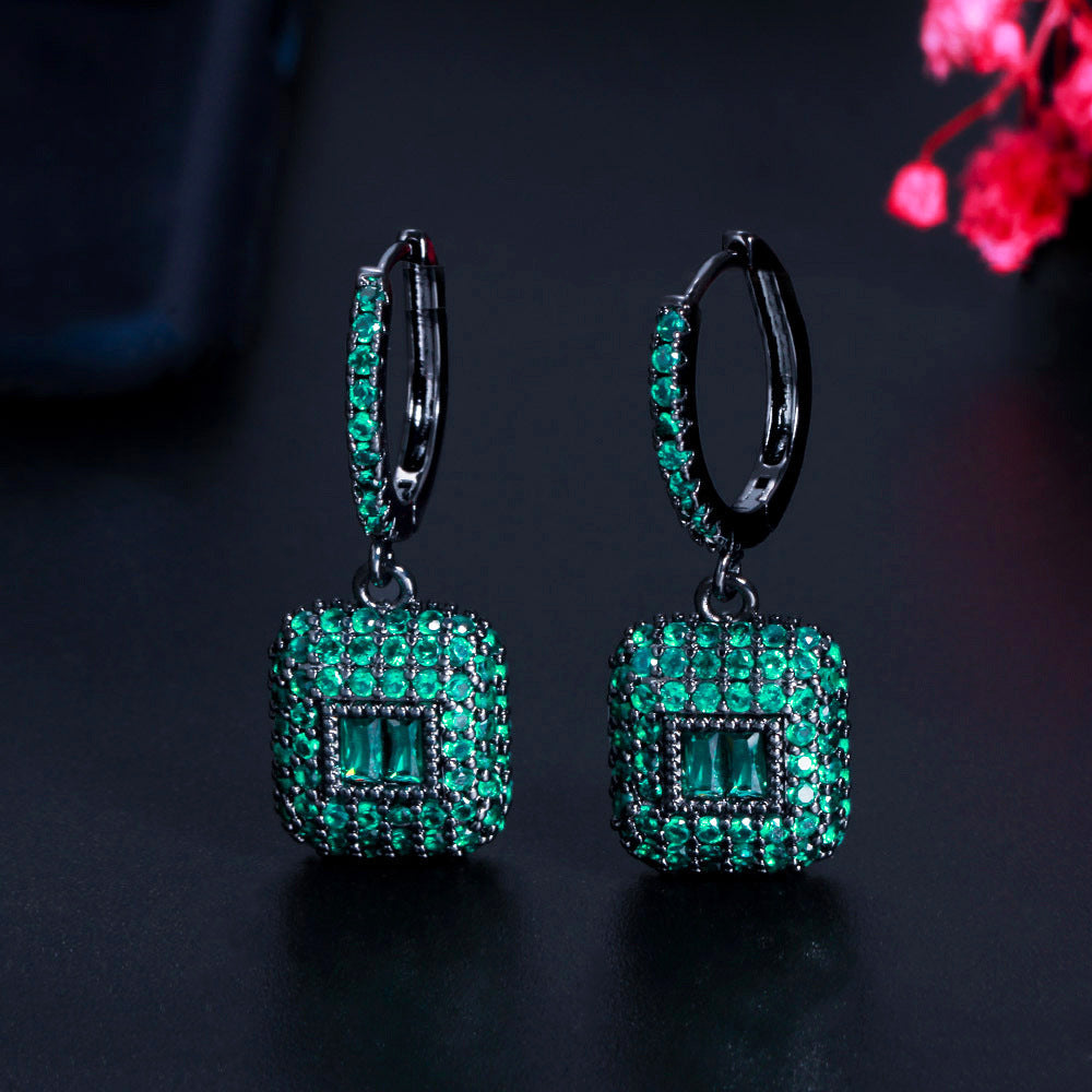 European and American popular square emerald gemstone micro-set zirconia earrings featuring a fashionable elliptical-shaped ear hook as the earpiece accessory