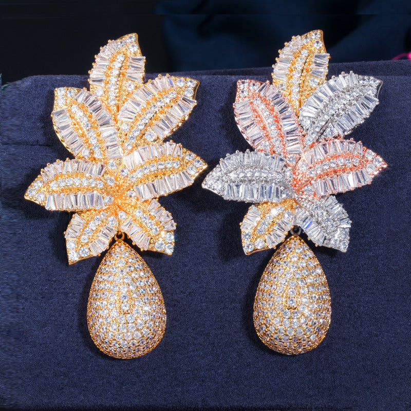S925 silver needle European-style atmospheric trapezoid zirconium tri-color electroplated earrings tropical pineapple large earrings