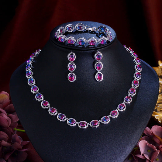 European and American necklace, earrings and bracelet with zirconium stones - bridal wedding dress high-end jewelry elegant set - three-piece suit for formal evening wear