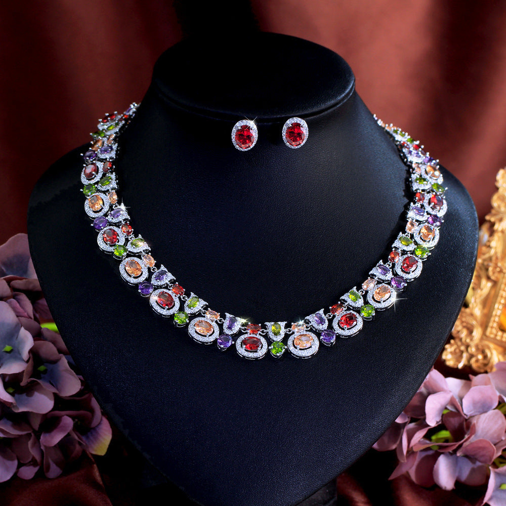 Vintage zirconian wedding dress evening gown necklace earring set classic and versatile royal style long chain set