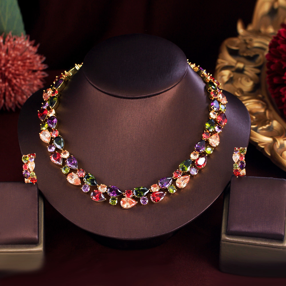 European and American luxurious zircon water-drop Mona Lisa necklace set for formal event dress colorful water-drop earrings and necklace set