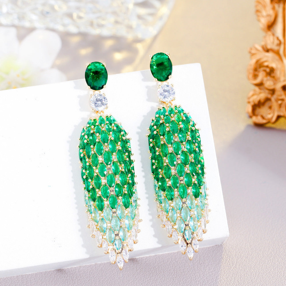 European Heavy Industry High-Class Diamond-shaped Elegant Zircon Earrings S925 Silver Pin Ultra-Shimmering Full-Diamond Earring Set