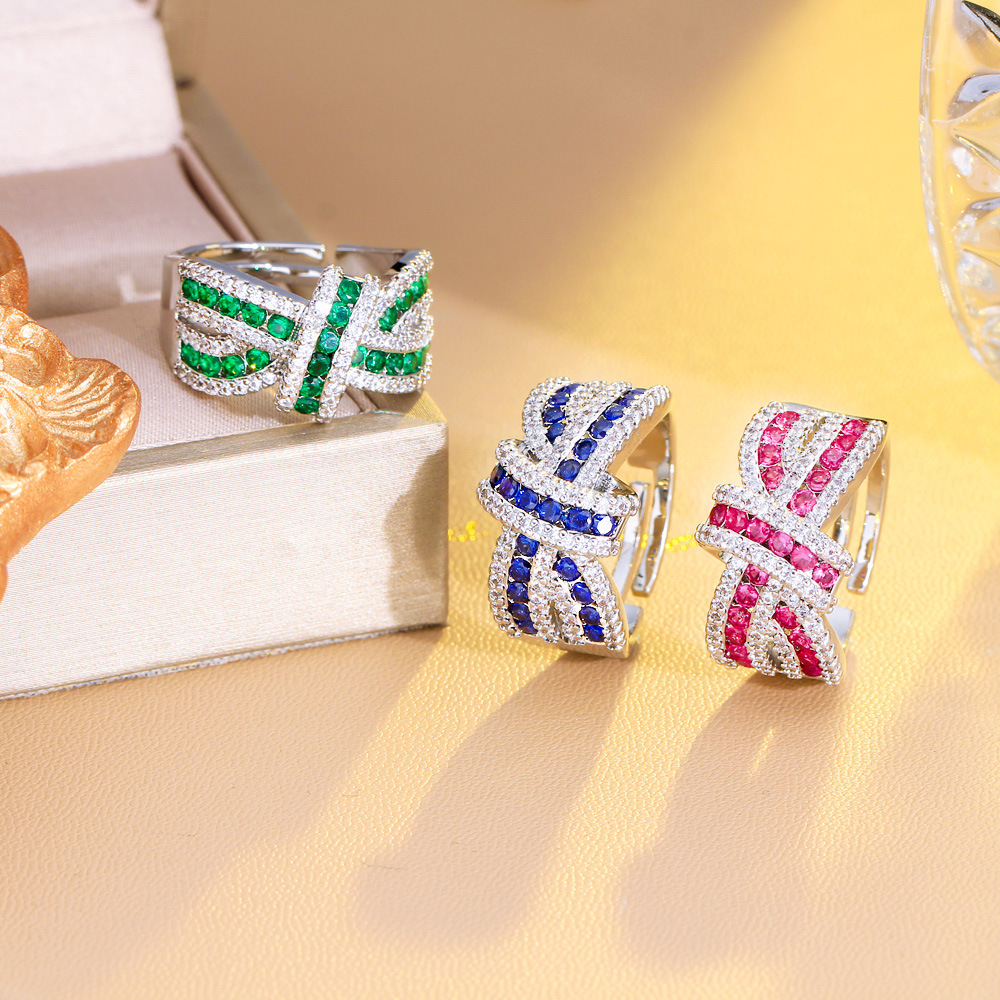 Luxury chic sparkling three-dimensional bow set with diamonds open ring irregular strip-shaped crossed zirconium ring finger ring