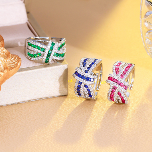Luxury chic sparkling three-dimensional bow set with diamonds open ring irregular strip-shaped crossed zirconium ring finger ring