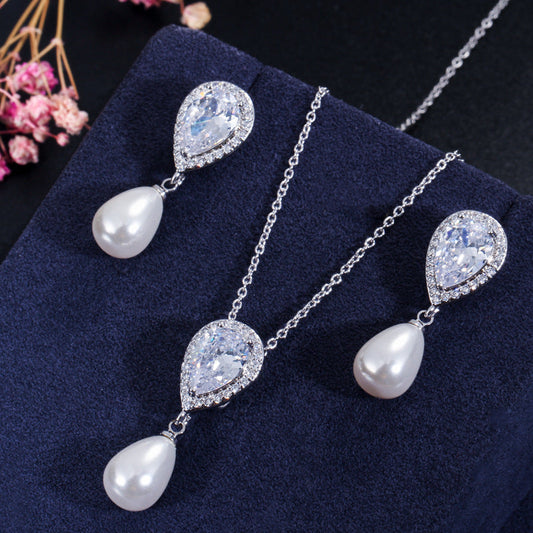 Japanese and Korean light and elegant artistic jewelry set Two-piece set of zircon water-drop pearl pendant earrings