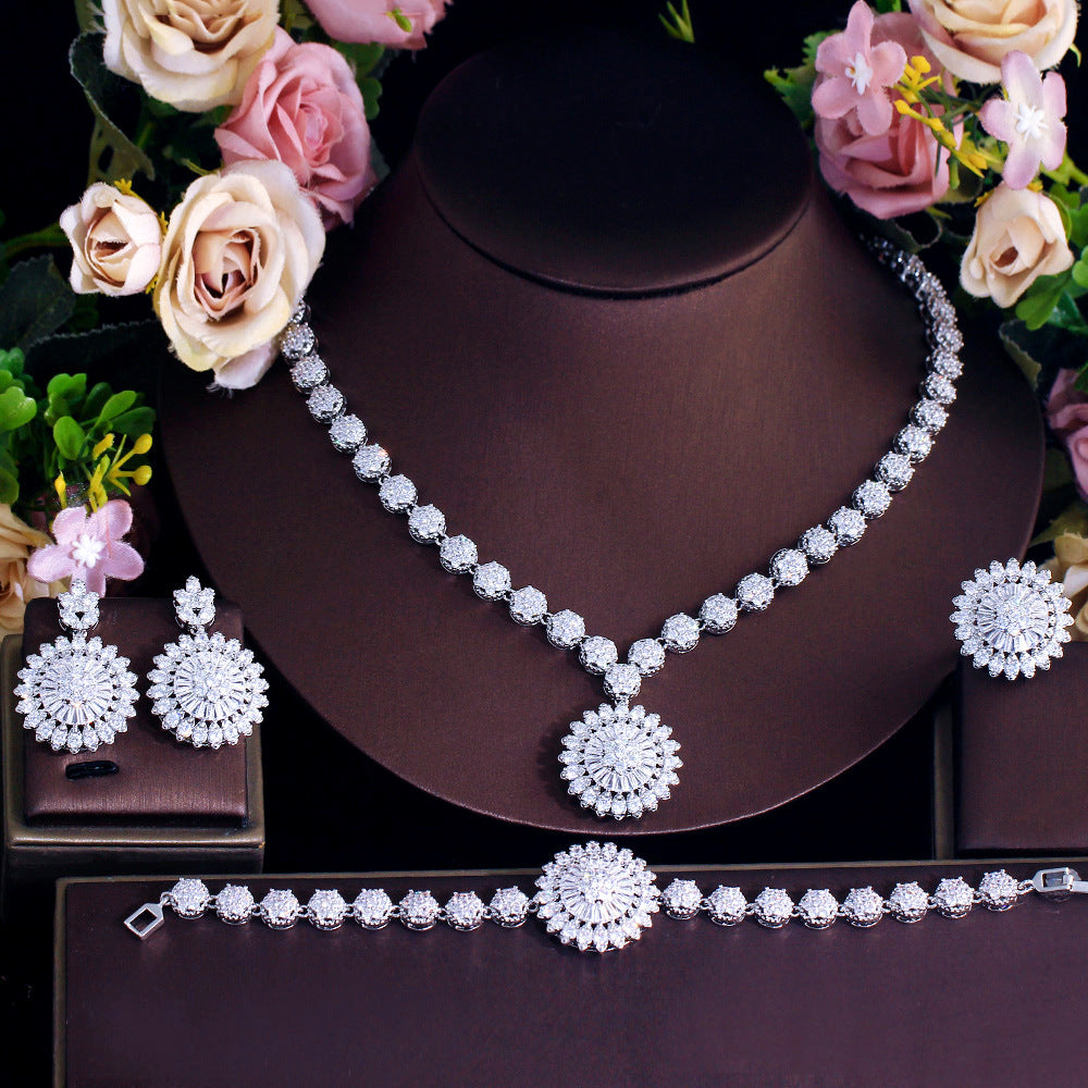 European and American cross-border flower zircon necklace earrings bracelet ring set for bridesmaid outfits wedding dresses accessory chains