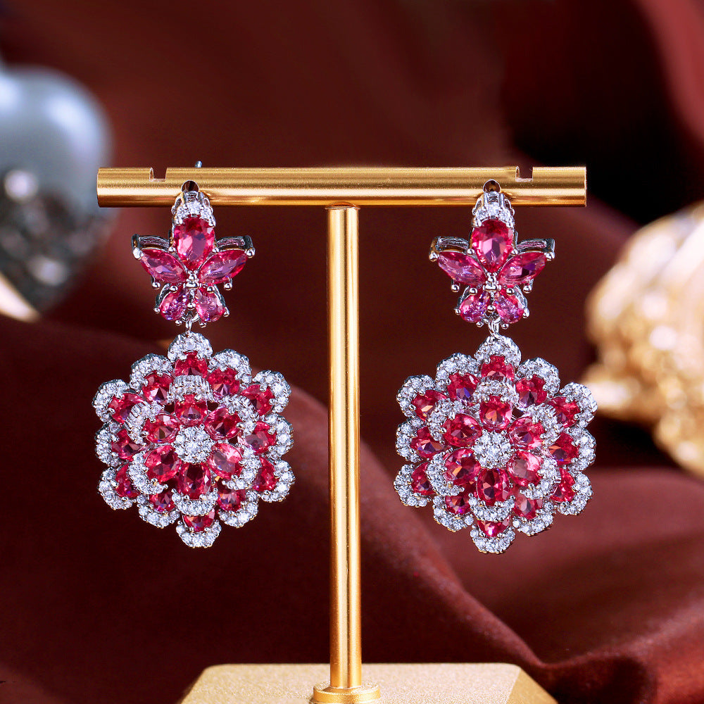 S925 silver needle luxury niche design double-layer flower-shaped synthetic red corundum earrings stylish and elegant zircon earrings