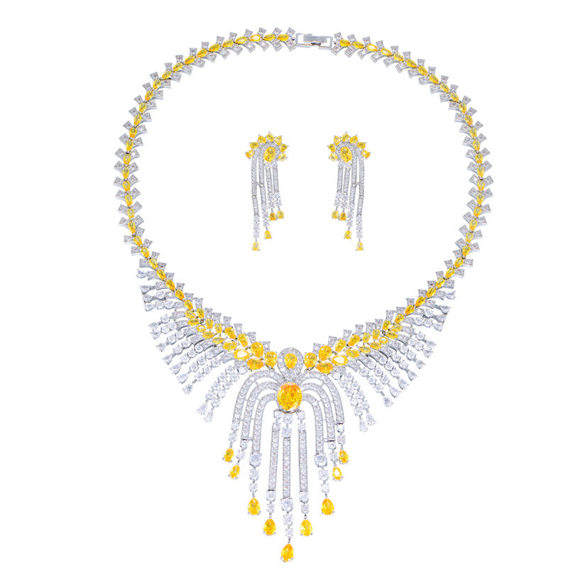 Heavy Industry Ultra-Shine High-End Luxurious Fringe Zircon Necklace Set for Evening Gown Bridal Accessories Bracelet Earrings