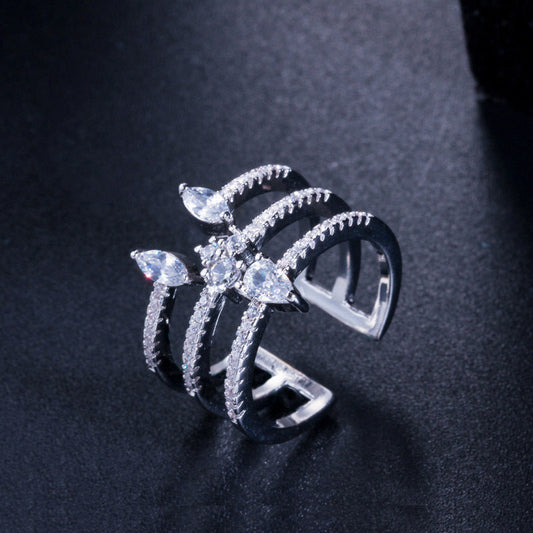 Best-selling three-row micro-set zirconia open bracelet ring, eco-friendly copper electroplated 18K gold