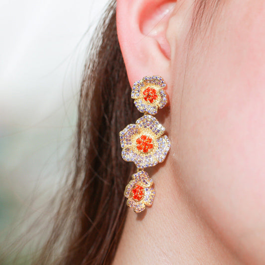 Korean style fashionable zircon long-stemmed three-dimensional flower S925 silver stud earrings in three colors - rose flower earrings accessory