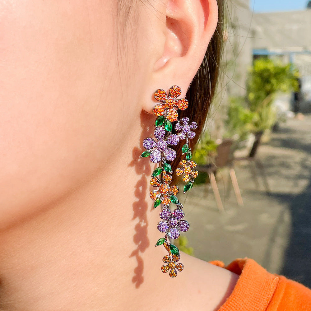 S925 silver needle high-end lady-style flower petal long-style earrings with heavy-weight colored tassels as ear jewelry