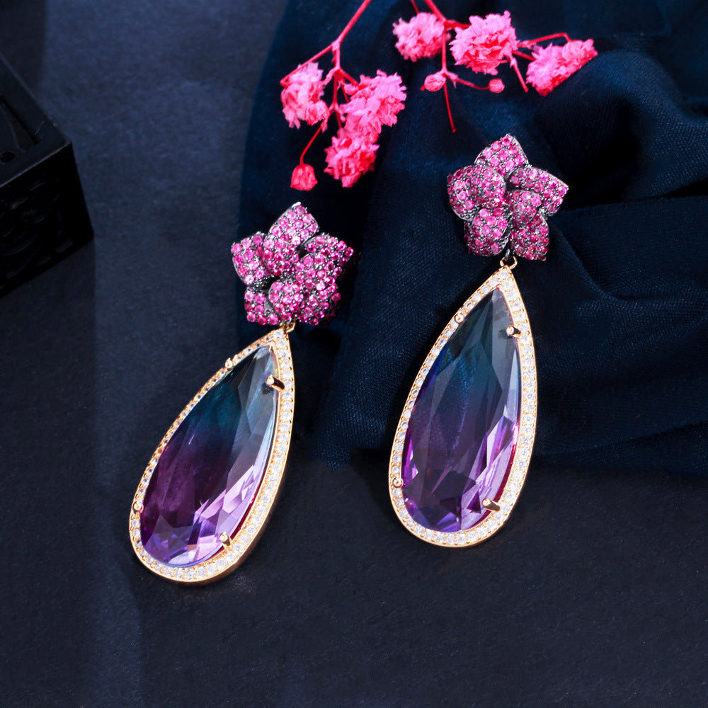 European and American exaggerated and indifferent style stud earrings with zircon stones S925 silver hooks formal evening wear simple water-drop style long earrings