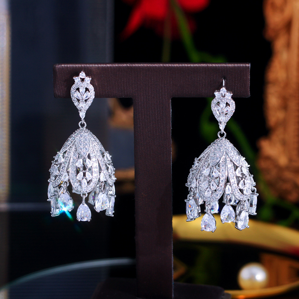 S925 silver filigree light luxury imperial style full-zircon hollow earpiece earrings with Chinese style water-drop pendant and zircon ear studs