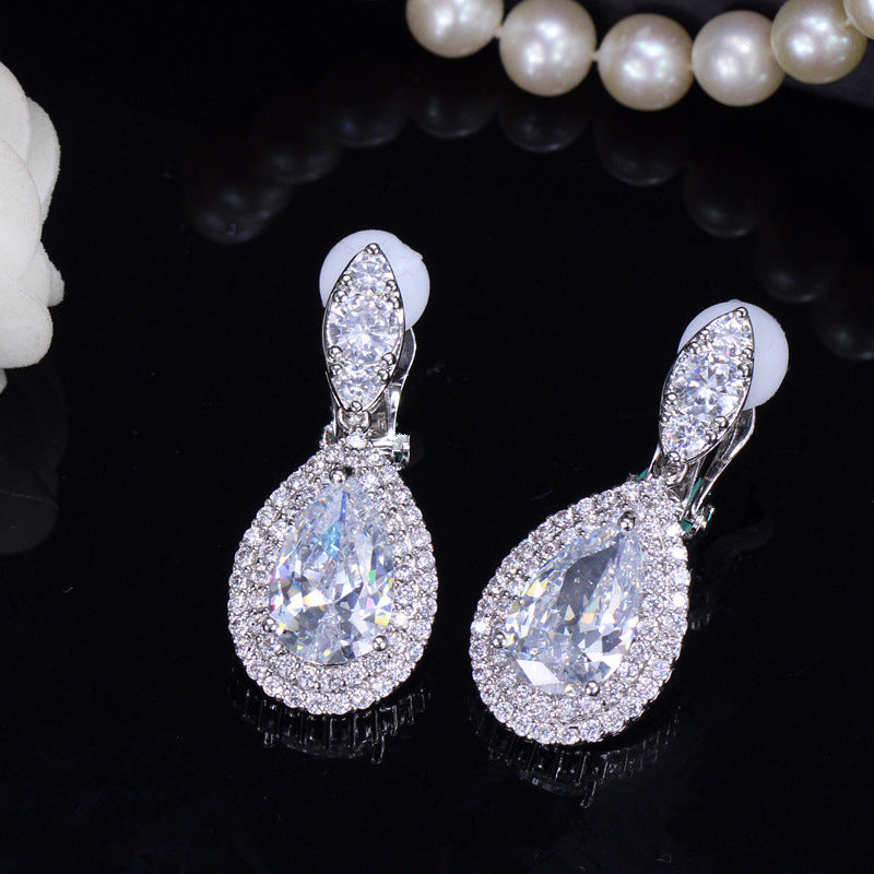 New trendy Korean-style 3A zirconia ear clips - elegant teardrop wedding evening earrings