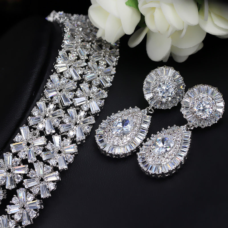 Bride's banquet set - Pure handcrafted copper necklace set with AAA quality zirconia stones - Simple and elegant style
