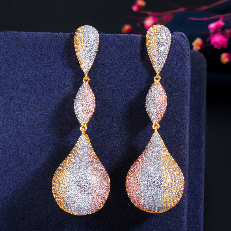 Micro-set zirconia earrings copper-plated with three-color full diamonds irregular long style elegant ear pendants