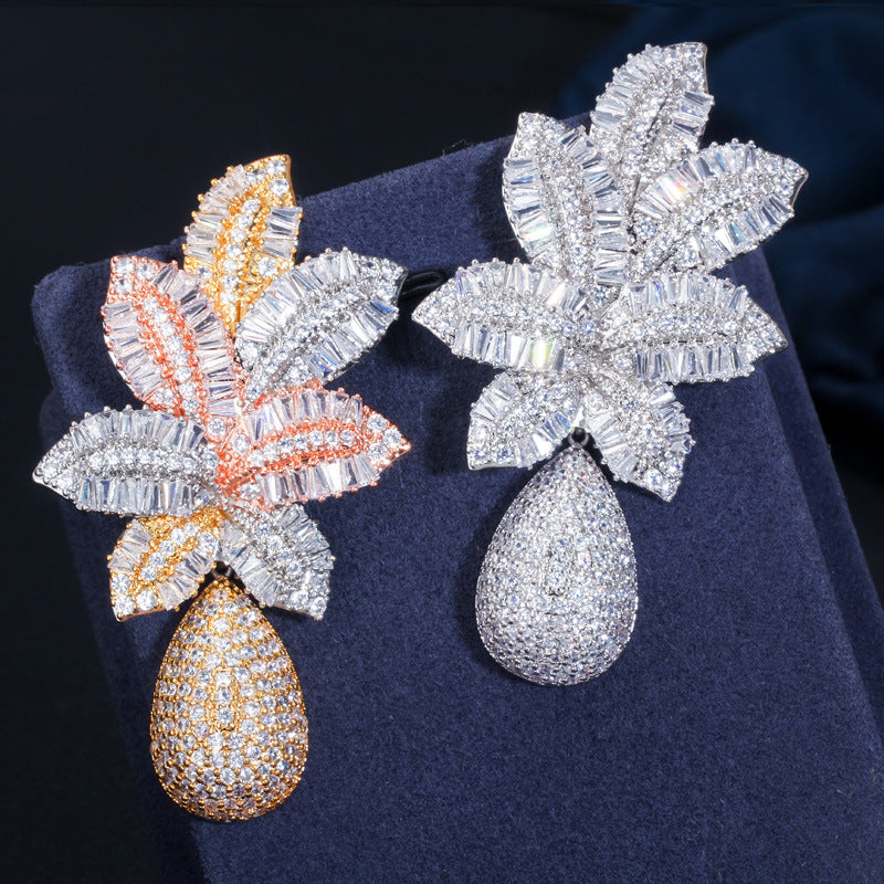 S925 silver needle European-style atmospheric trapezoid zirconium tri-color electroplated earrings tropical pineapple large earrings
