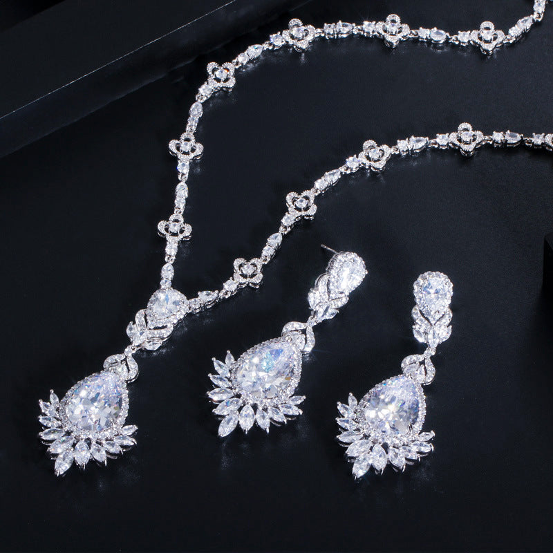 New bride's wedding dress zircon bracelet wedding jewelry necklace earrings two-piece set