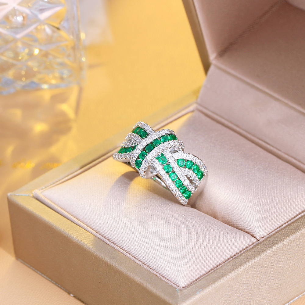 Luxury chic sparkling three-dimensional bow set with diamonds open ring irregular strip-shaped crossed zirconium ring finger ring